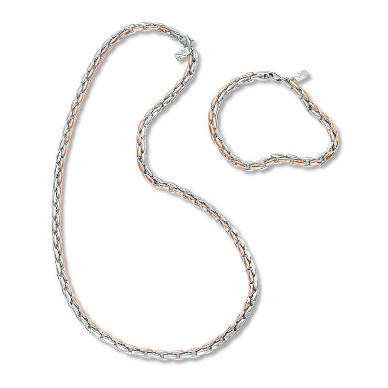 Men's Square Link Necklace and Bracelet Set in Stainless Steel and Rose IP - 24"|Peoples Jewellers