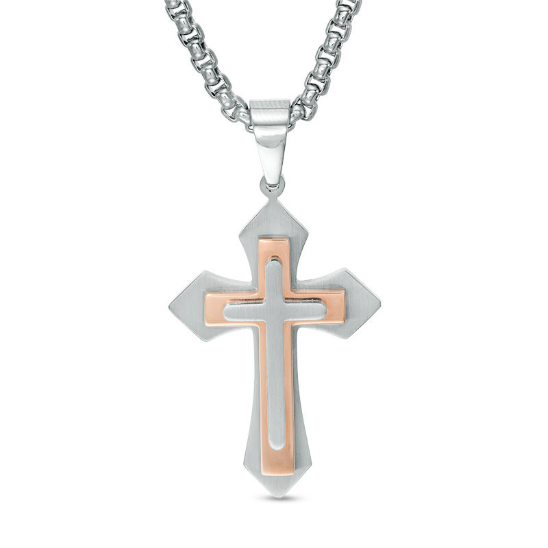 Men's Gothic-Style Layered Cross Pendant in Stainless Steel and Rose IP - 24"