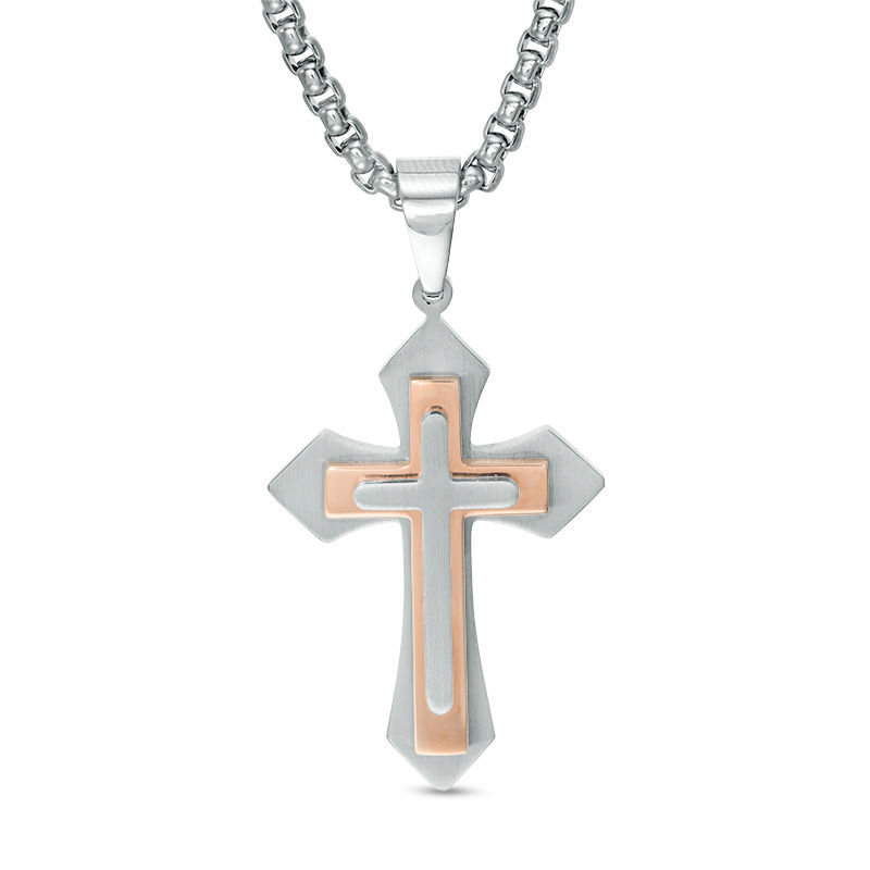 Main Image 1 of Men's Gothic-Style Layered Cross Pendant in Stainless Steel and Rose IP - 24"