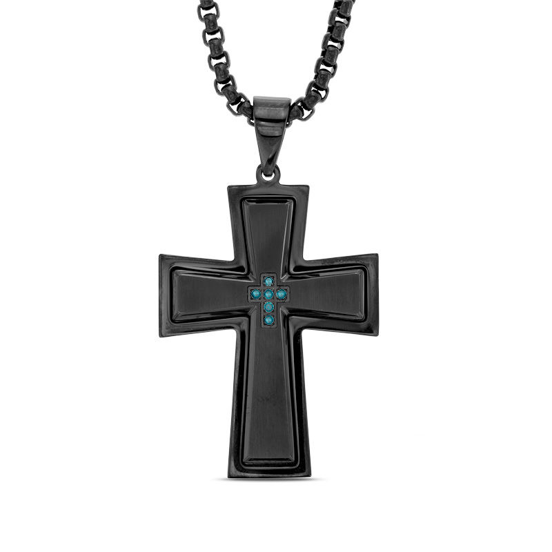 Men's Enhanced Blue Diamond Accent Stacked Cross Pendant in Stainless Steel with Black IP - 24"