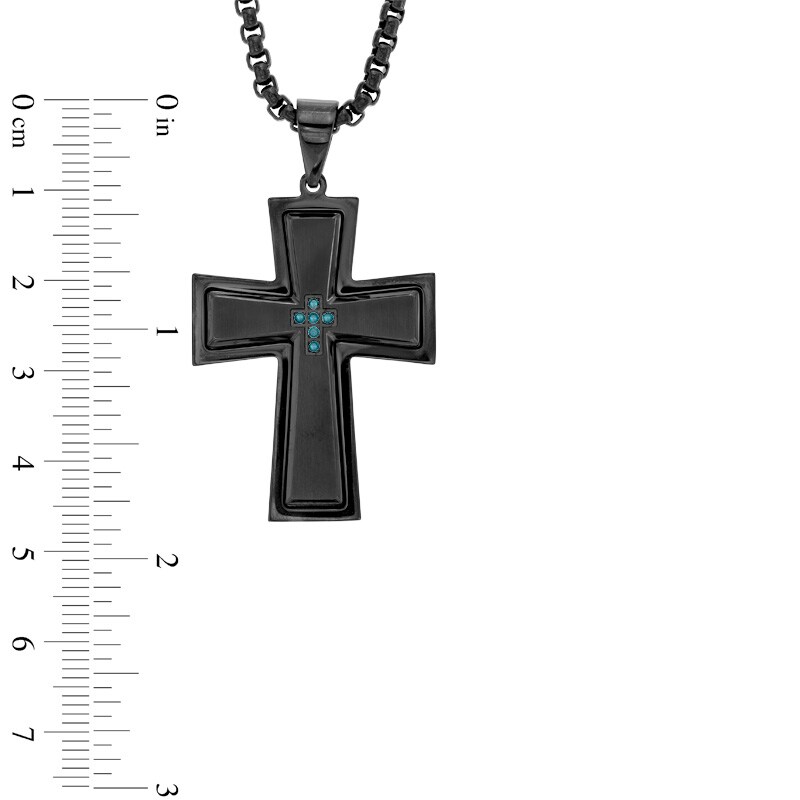 Main Image 2 of Men's Enhanced Blue Diamond Accent Stacked Cross Pendant in Stainless Steel with Black IP - 24"