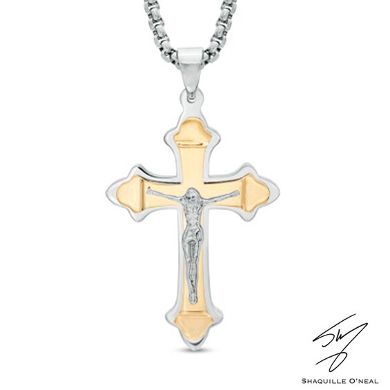 Men's Crucifix Pendant in Two-Tone Stainless Steel - 24"