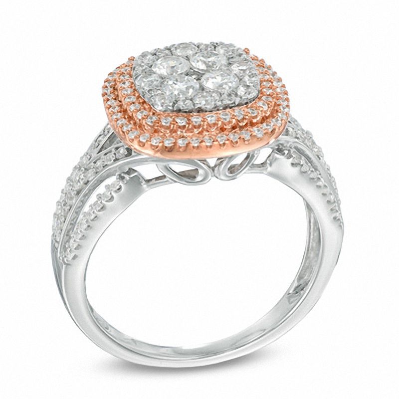 1.00 CT. T. W. Composite Diamond Double Square Frame Split Shank Ring 10K Two-Tone Gold