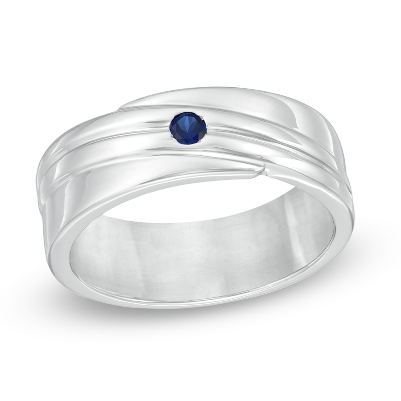 Men's Lab-Created Blue Sapphire Solitaire Wedding Band in Sterling Silver