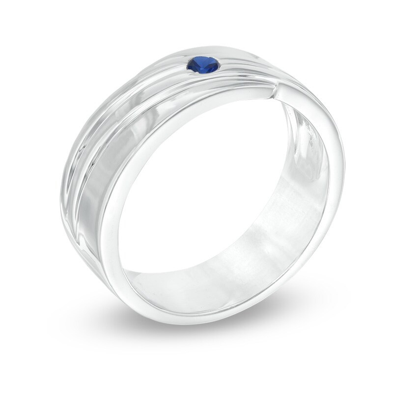 Main Image 2 of Men's Lab-Created Blue Sapphire Solitaire Wedding Band in Sterling Silver