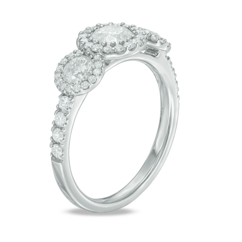 Main Image 2 of 1.40 CT. T.W. Certified Canadian Diamond Frame Three Stone Engagement Ring in 14K White Gold (I/I2)