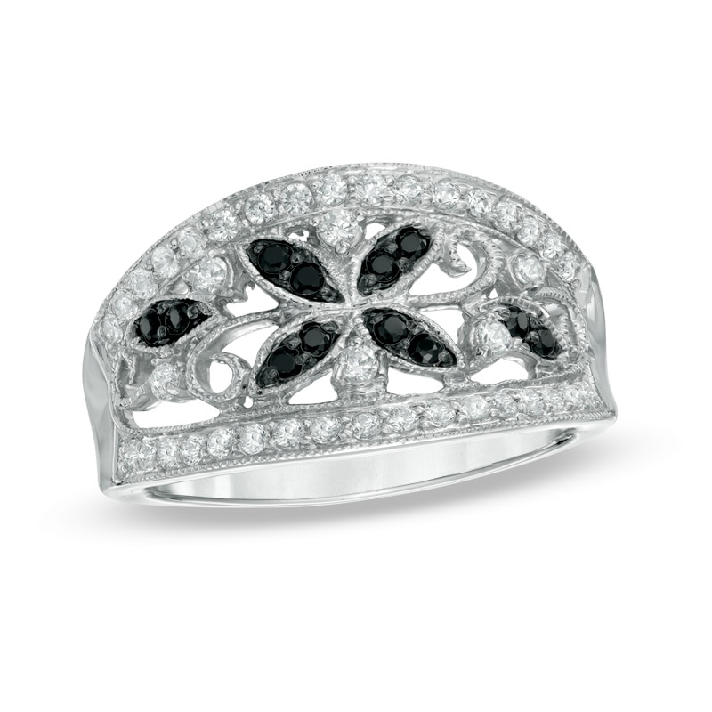 0.36 CT. T.W. Enhanced Black and White Diamond Vintage-Style Flower Ring in Sterling Silver