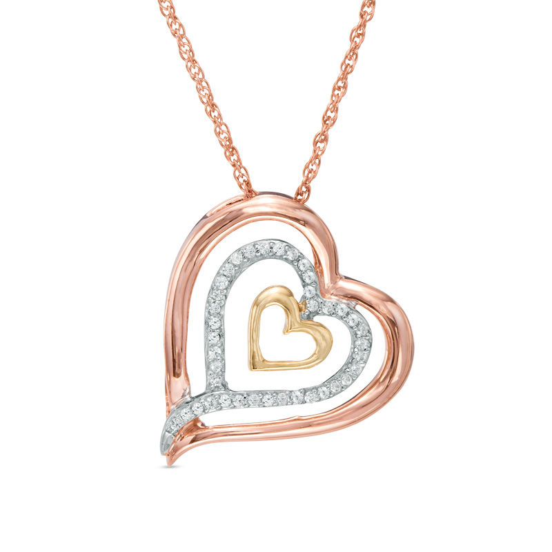 0.11 CT. T.W. Diamond Triple Row Tilted Heart Pendant in 10K Tri-Tone Gold|Peoples Jewellers