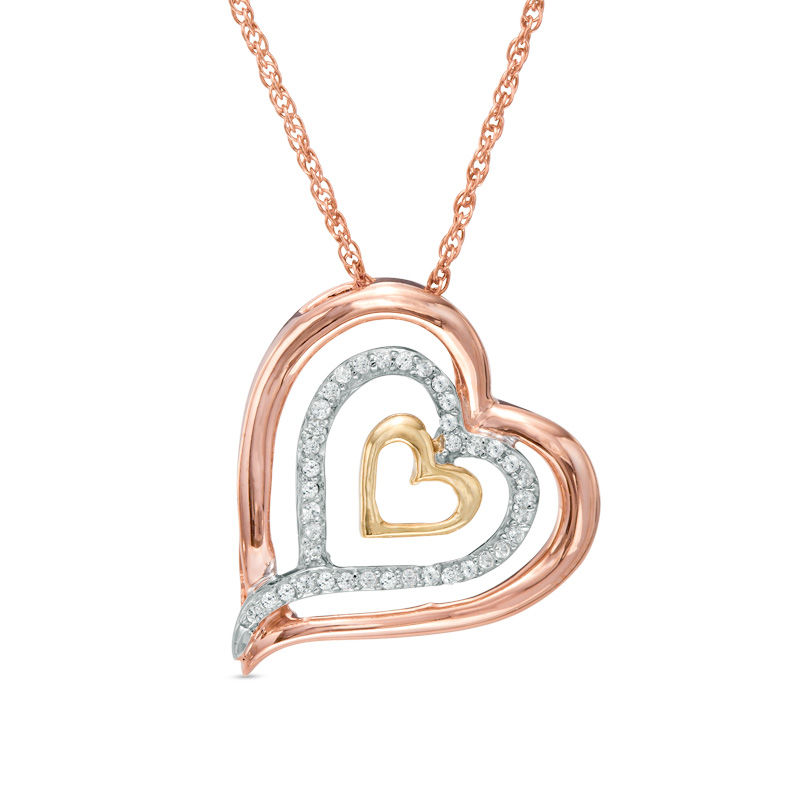 0.11 CT. T.W. Diamond Triple Row Tilted Heart Pendant in 10K Tri-Tone Gold