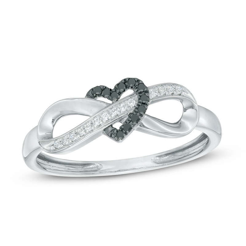 0.06 CT. T.W. Black and White Diamond Infinity Heart Wrapped Ring in 10K White Gold
