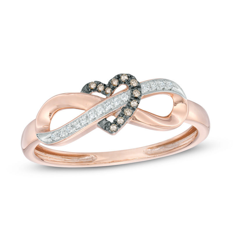 Main Image 1 of 0.06 CT. T.W. Champagne and White Diamond Infinity Heart Wrapped Ring in 10K Rose Gold
