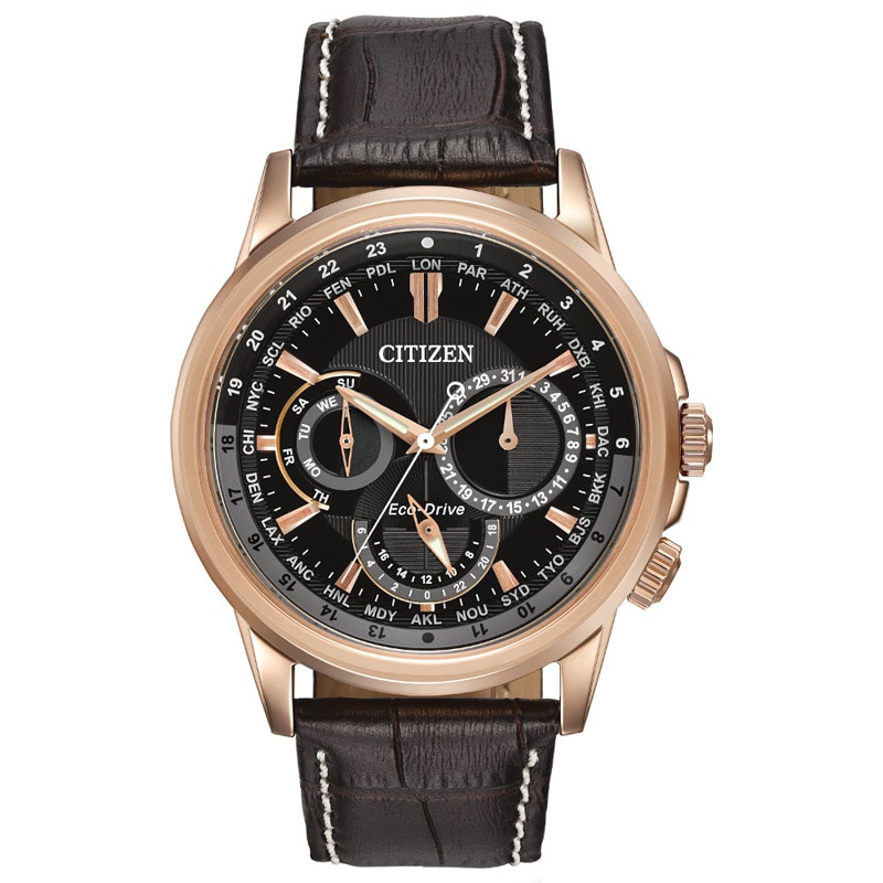 Men's Citizen Eco-Drive® Calendrier Chronograph Strap Watch with Black Dial (Model: BU2023-04E)|Peoples Jewellers