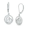 Thumbnail Image 1 of 0.15 CT. T.W. Diamond Tilted Double Heart in Circle Drop Earrings in Sterling Silver