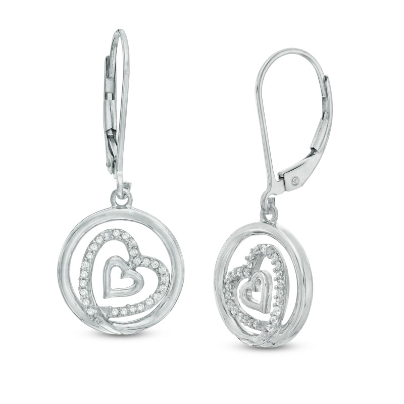 0.15 CT. T.W. Diamond Tilted Double Heart in Circle Drop Earrings in Sterling Silver|Peoples Jewellers