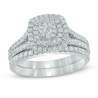 1.00 CT. T.W. Multi-Diamond Double Square Frame Bridal Set in 10K White Gold