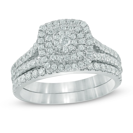 1.00 CT. T.W. Multi-Diamond Double Square Frame Bridal Set in 10K White Gold
