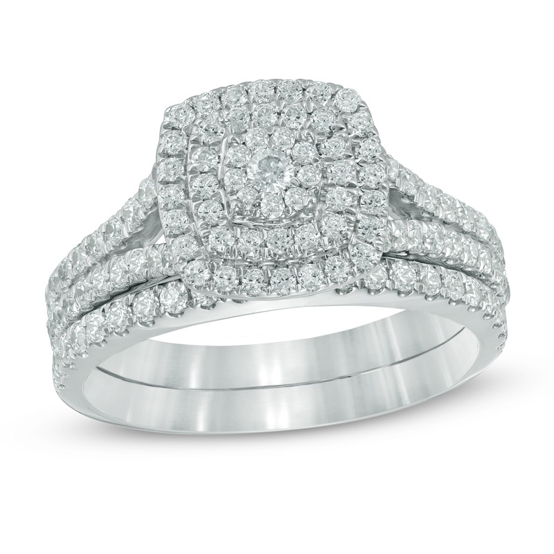 1.00 CT. T.W. Multi-Diamond Double Square Frame Bridal Set in 10K White Gold