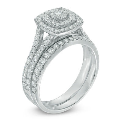 1.00 CT. T.W. Multi-Diamond Double Square Frame Bridal Set in 10K White Gold