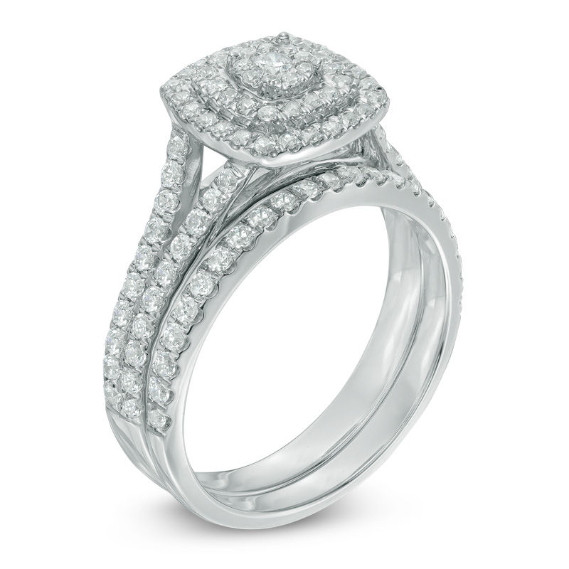 1.00 CT. T.W. Multi-Diamond Double Square Frame Bridal Set in 10K White Gold