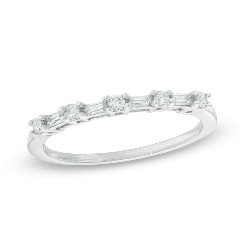 Main Image 1 of 0.18 CT. T.W. Baguette and Round Diamond Alternating Anniversary Band in 10K White Gold