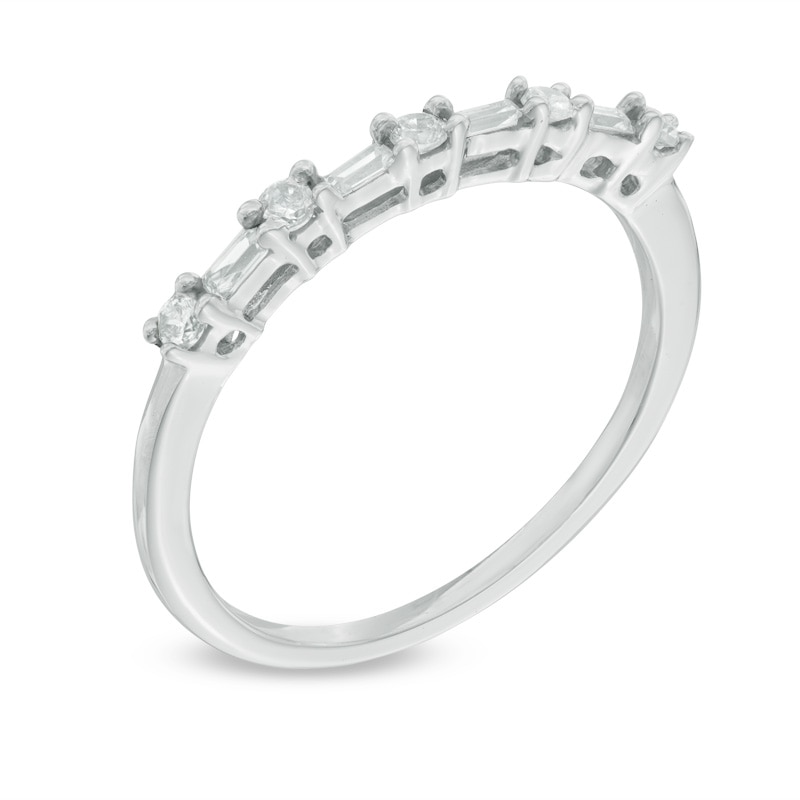 Main Image 2 of 0.18 CT. T.W. Baguette and Round Diamond Alternating Anniversary Band in 10K White Gold