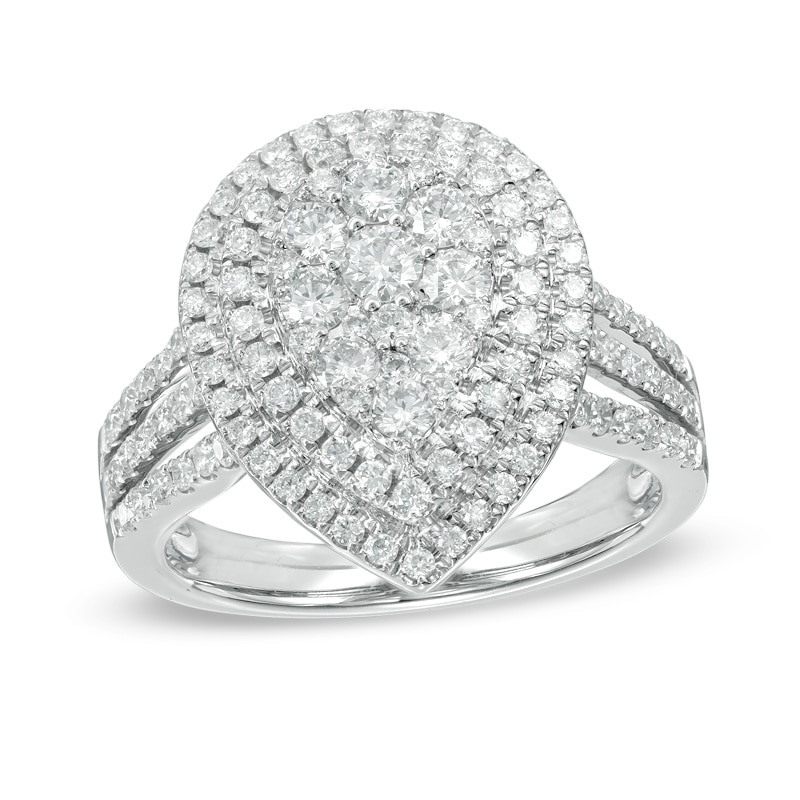 1.15 CT. T.W. Diamond Pear-Shaped Composite Frame Triple Row Split Shank Engagement Ring in 14K White Gold