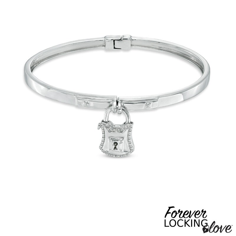Main Image 1 of Forever Locking Love™ Diamond Accent Padlock Charm Hinged Bangle in Sterling Silver