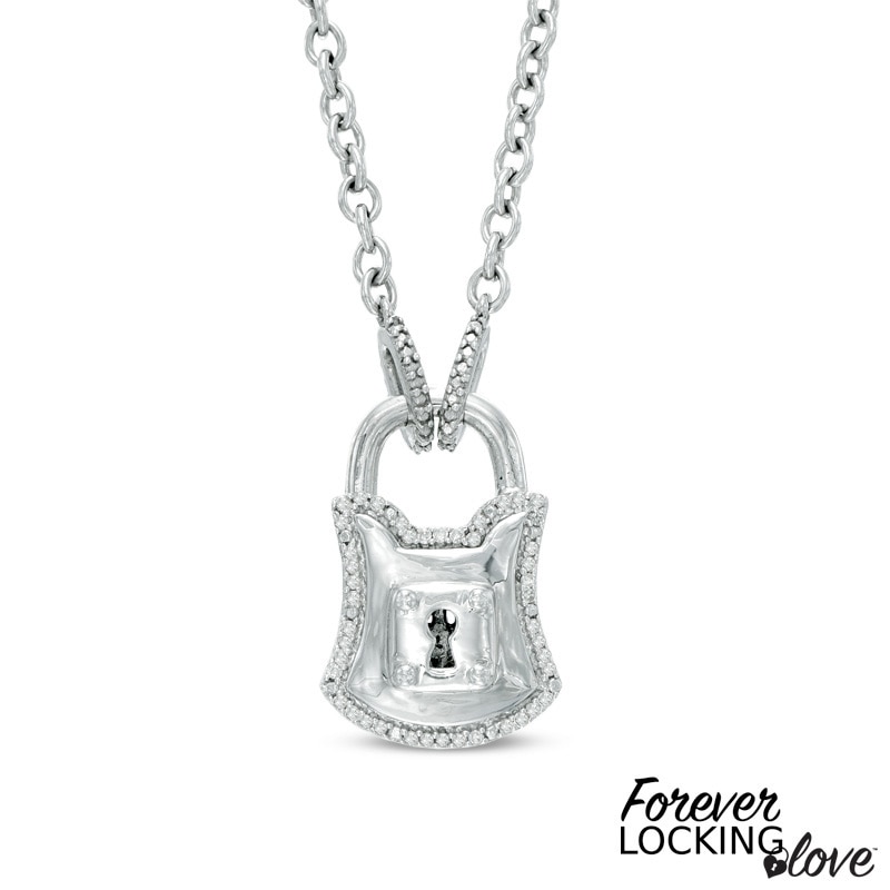 Main Image 1 of Forever Locking Love™ 0.10 CT. T.W. Diamond Padlock Necklace in Sterling Silver