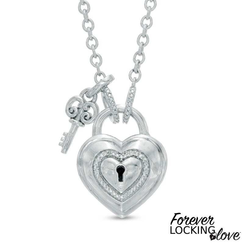 Forever Locking Love™ Diamond Accent Heart-Shaped Padlock and Key Necklace in Sterling Silver - 32"|Peoples Jewellers