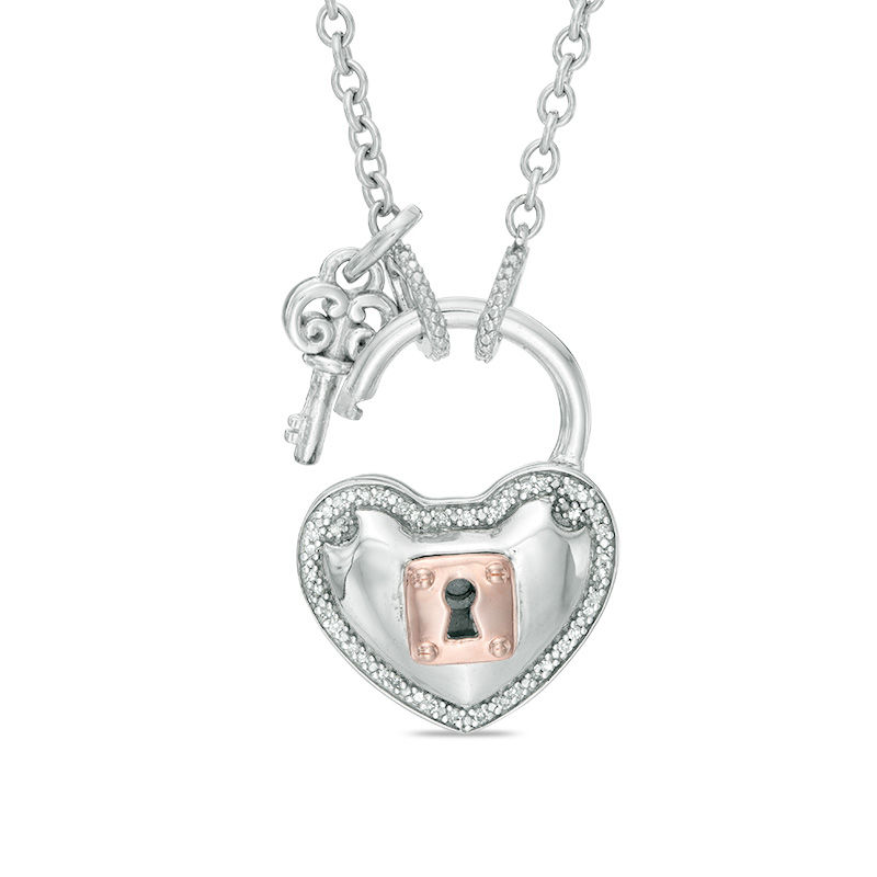 Forever Locking Loveâ¢ 0.10 CT. T.W. Diamond Heart Lock and Key Necklace in Sterling Silver and 10K Rose Gold - 32"