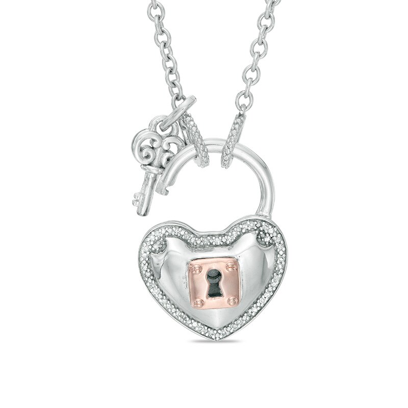 Main Image 2 of Forever Locking Love™ 0.10 CT. T.W. Diamond Heart Lock and Key Necklace in Sterling Silver and 10K Rose Gold - 32"