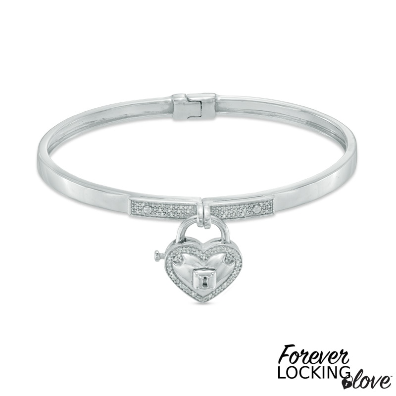 Main Image 1 of Forever Locking Love™ 0.15 CT. T.W. Diamond Heart-Shaped Lock Charm Hinged Bangle in Sterling Silver