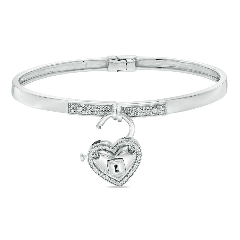 Forever Locking Loveâ¢ 0.15 CT. T.W. Diamond Heart-Shaped Lock Charm Hinged Bangle in Sterling Silver