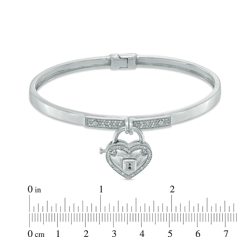 Main Image 3 of Forever Locking Love™ 0.15 CT. T.W. Diamond Heart-Shaped Lock Charm Hinged Bangle in Sterling Silver