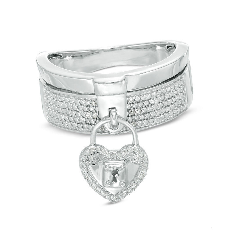 Main Image 1 of Forever Locking Love™ 0.10 CT. T.W. Diamond Heart-Shaped Padlock Charm Dangle Ring in Sterling Silver