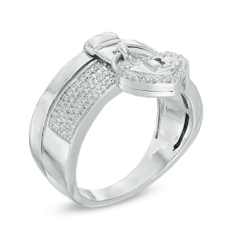 Main Image 3 of Forever Locking Love™ 0.10 CT. T.W. Diamond Heart-Shaped Padlock Charm Dangle Ring in Sterling Silver