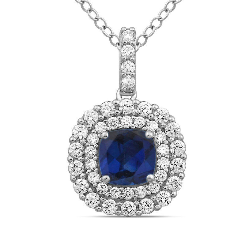 7.0mm Cushion-Cut Lab-Created Blue and White Sapphire Double Frame Pendant in Sterling Silver
