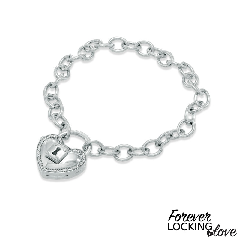 Forever Locking Love™ 0.10 CT. T.W. Diamond Heart-Shaped Padlock Bracelet in Sterling Silver - 7.25"|Peoples Jewellers