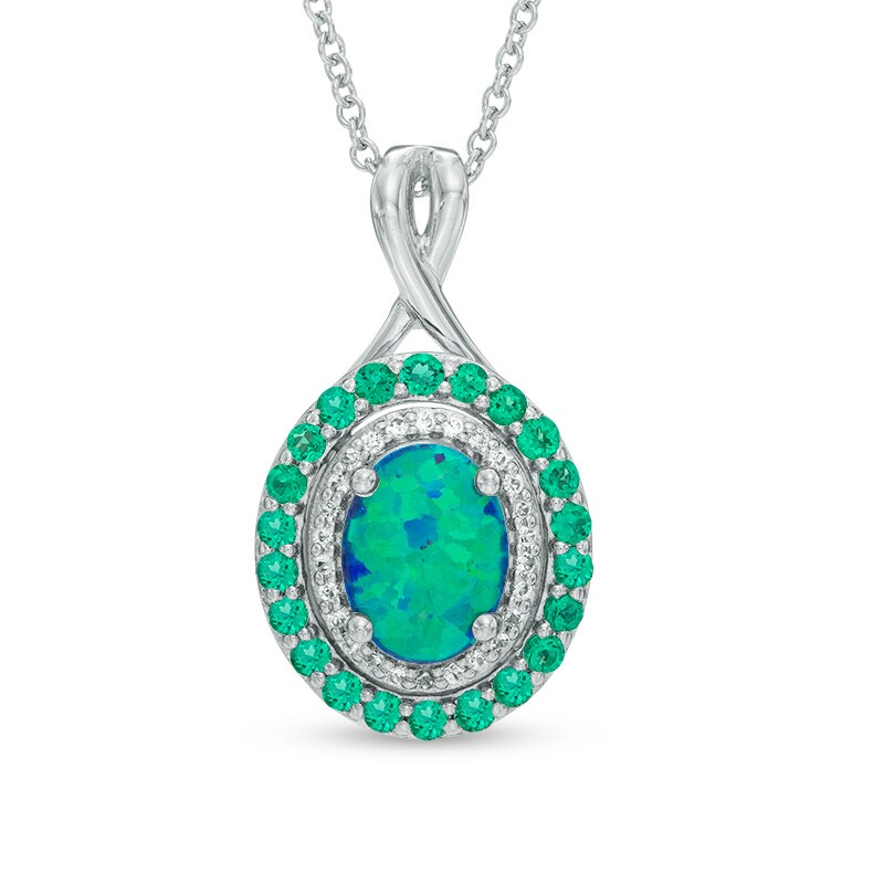 Main Image 1 of Oval Simulated Blue-Green Opal, Lab-Created Emerald and White Sapphire Frame Pendant in Sterling Silver