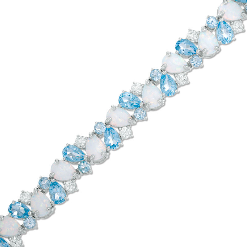 Main Image 1 of Pear-Shaped Blue Topaz, Lab-Created Opal and White Sapphire Bracelet in Sterling Silver - 7.25"
