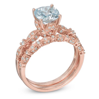 Your Stone Your Story™ Cushion-Cut Aquamarine and 0.33 CT. T.W. Diamond Milgrain Bridal Set in 14K Rose Gold