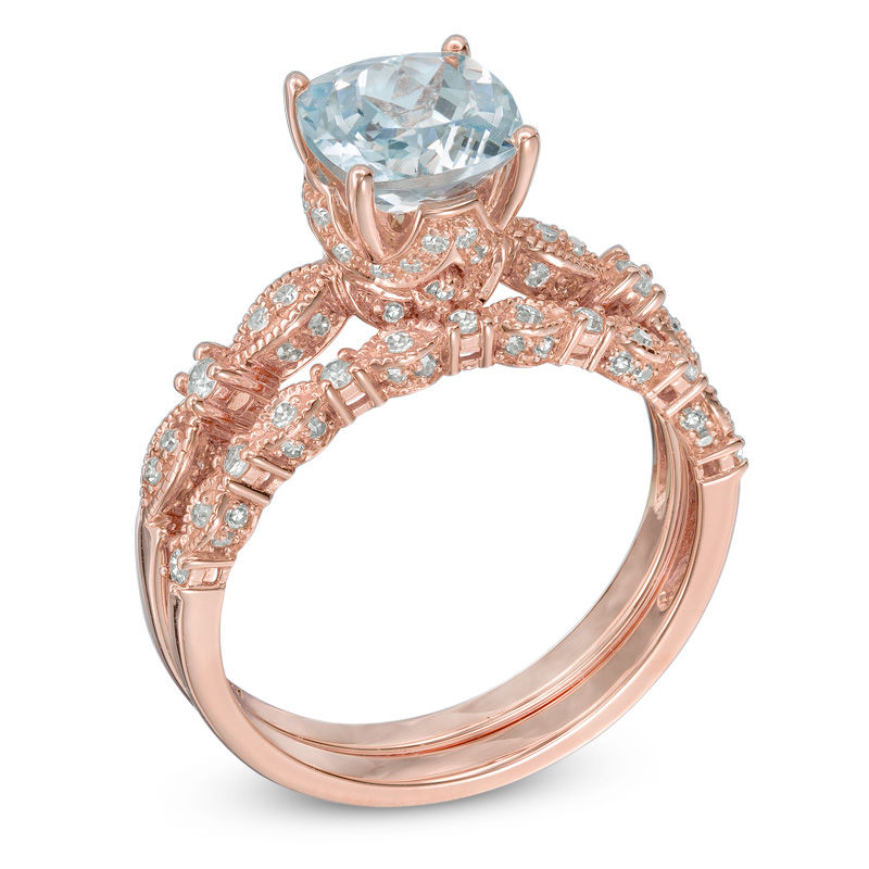 Your Stone Your Storyâ¢ Cushion-Cut Aquamarine and 0.33 CT. T.W. Diamond Milgrain Bridal Set in 14K Rose Gold