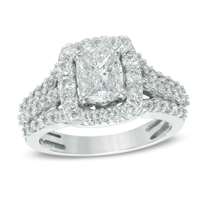 2.00 CT. T.W. Oval Composite Diamond Frame Triple Row Engagement Ring in 14K White Gold