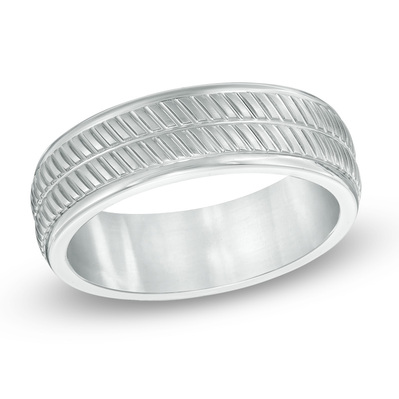 Men's 7.0mm Diagonal Tread Band in White Cobalt - Size 10