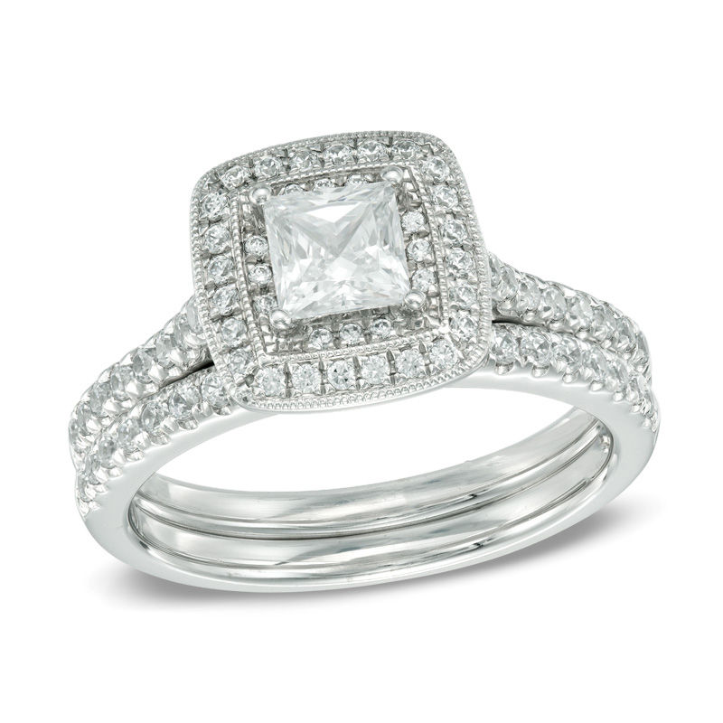 1.00 CT. T.W. Certified Canadian Princess-Cut Diamond Vintage-Style Double Frame Bridal Set 14K White Gold (I/I2)