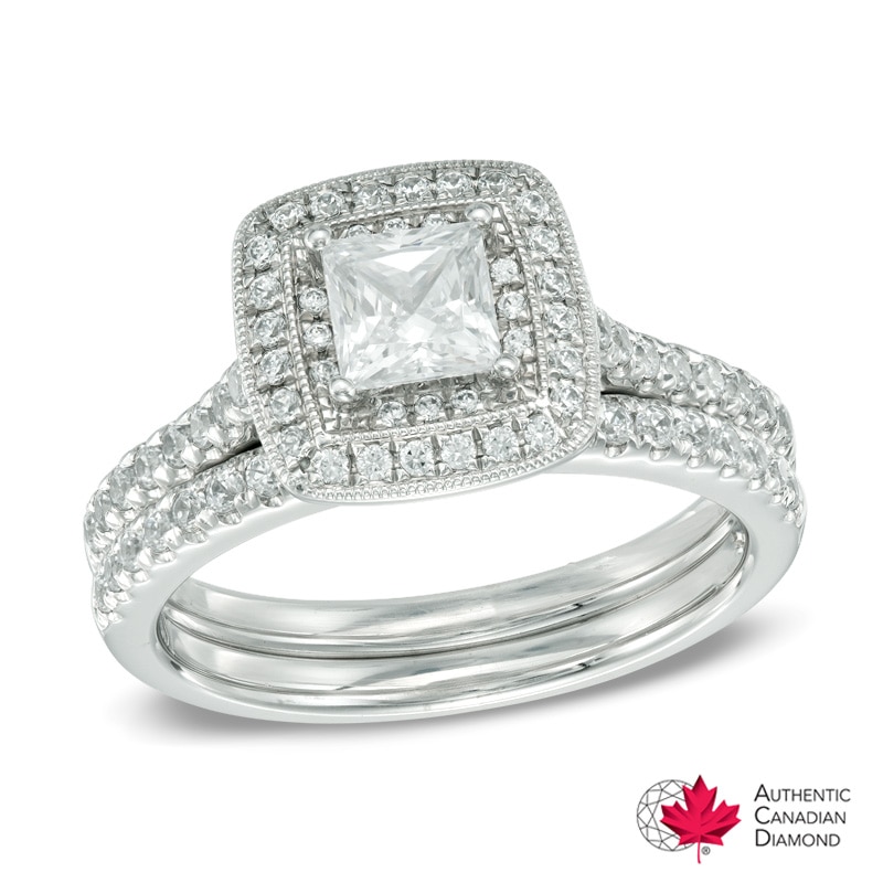 1.00 CT. T.W. Certified Canadian Princess-Cut Diamond Vintage-Style Double Frame Bridal Set in 14K White Gold (I/I2)