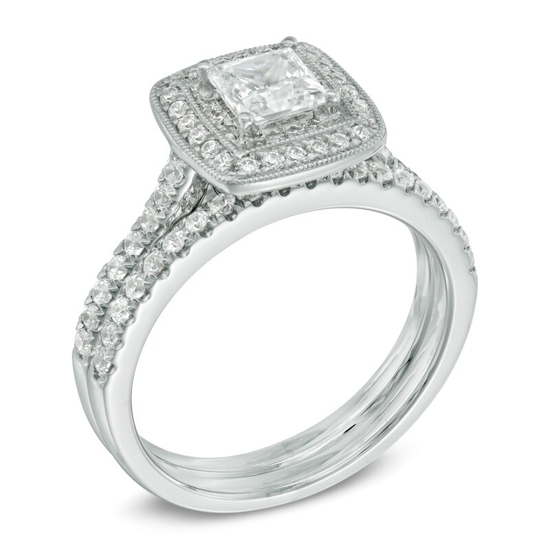 Main Image 2 of 1.00 CT. T.W. Certified Canadian Princess-Cut Diamond Vintage-Style Double Frame Bridal Set in 14K White Gold (I/I2)