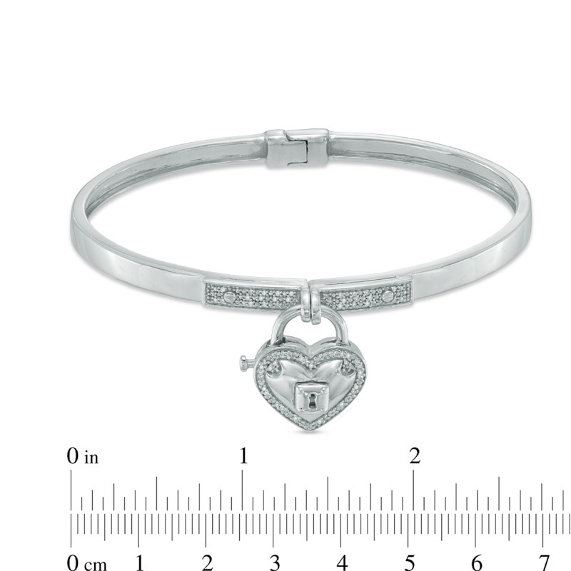 Forever Locking Love™ 0.15 CT. T.W. Diamond Heart-Shaped Padlock Charm Dangle Bangle in Sterling Silver