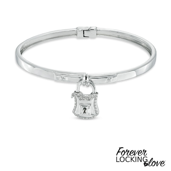 Forever Locking Love™ Diamond Accent Padlock Charm Dangle Bangle in Sterling Silver