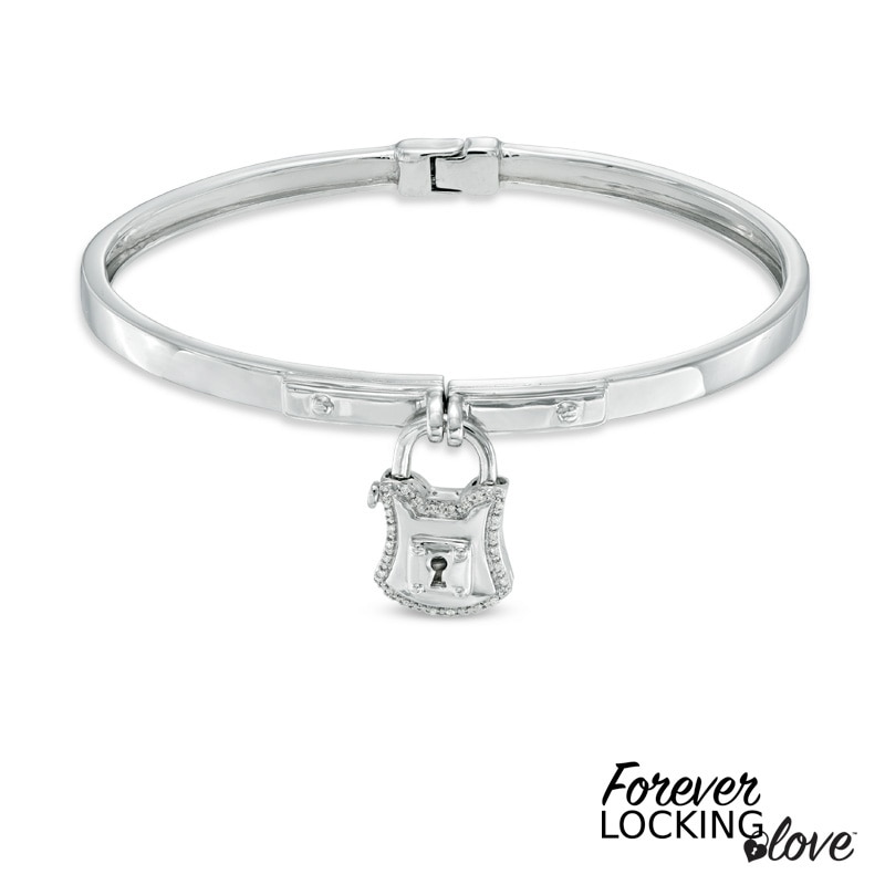 Main Image 1 of Forever Locking Love™ Diamond Accent Padlock Charm Dangle Bangle in Sterling Silver